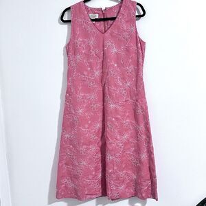 Talbots Vintage Linen Blend Midi Dress Size 10 Pink Coral Floral Embroidered